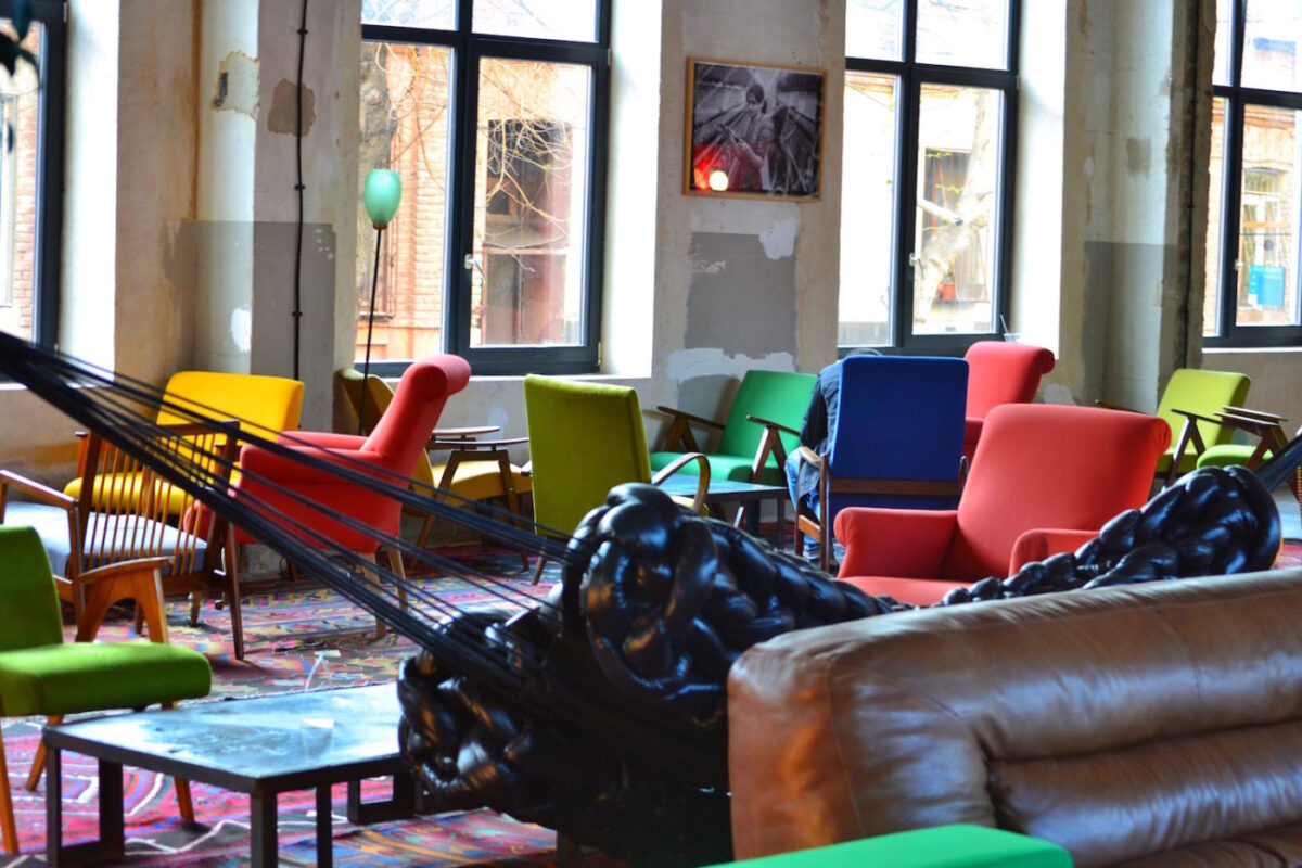 Indoors Community Space Seating- Fabrika Hostel Tbilisi | Packs Light