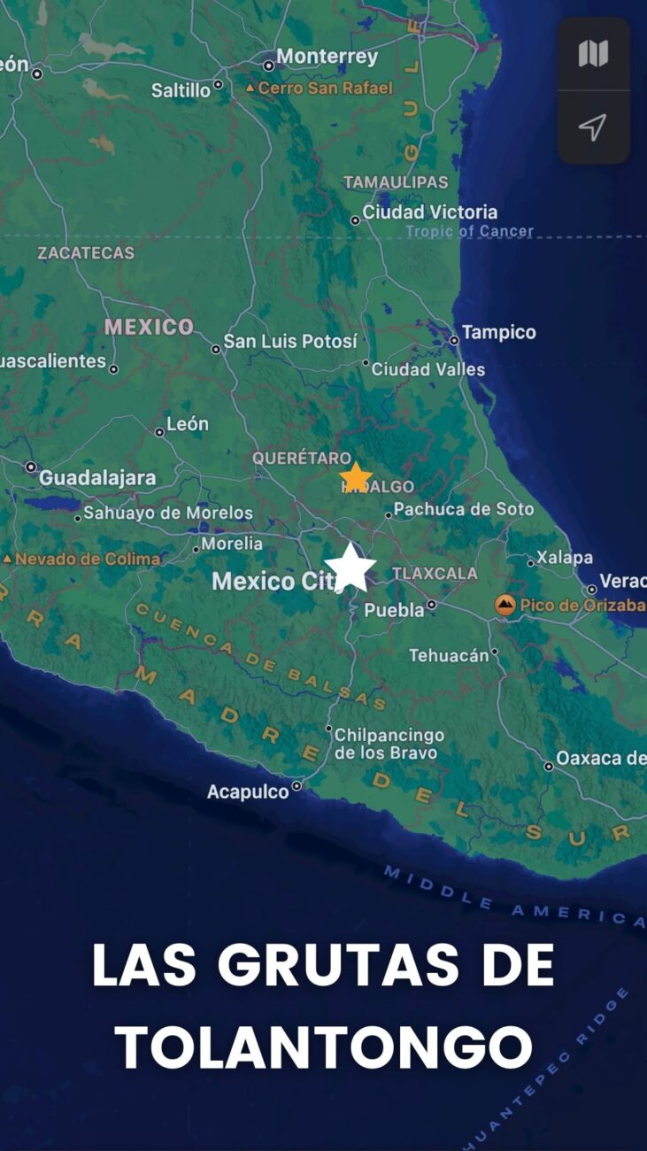 Map Grutas Tolantongo compared to Mexico City