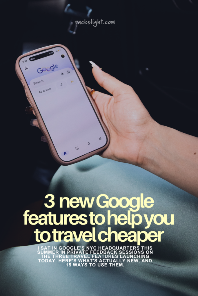 Photo of Gabby holding her phone in her hand with Google AI pulled up, searching a travel term