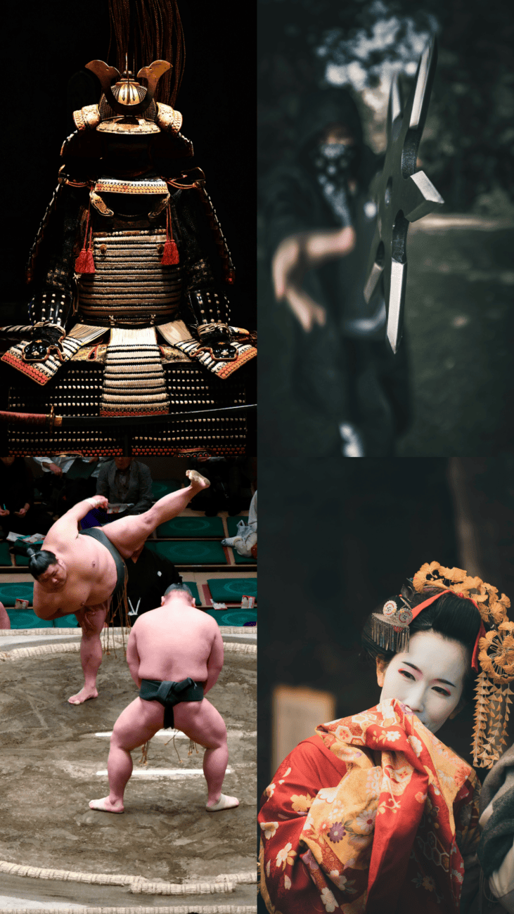 Collage of classic Japan tourist experiences: samurai armor, ninja, sumo wrestlers and a geisha